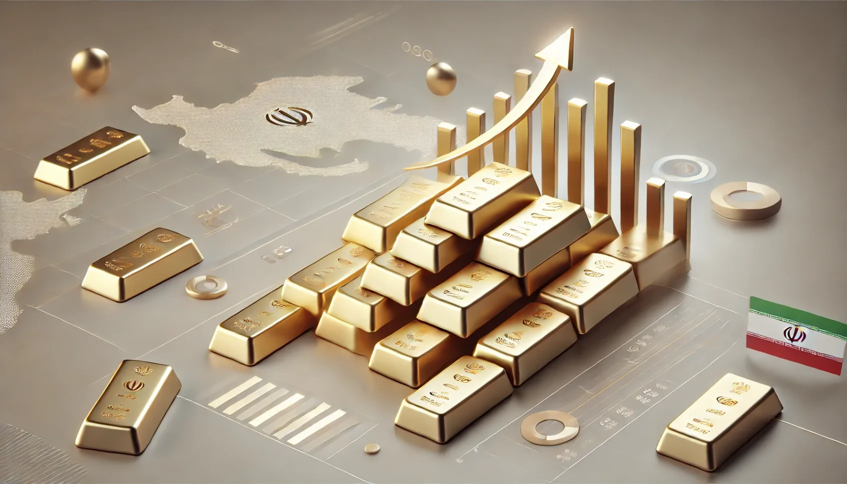 gold bars being imported into Iran. The image features a sleek, modern customs warehouse with gold bars